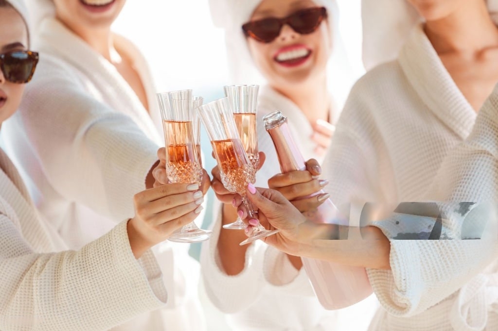 istockphoto-1942297594-1024×1024-transformed Female friends in white bathrobes before a bachelorette party toasting with champagne